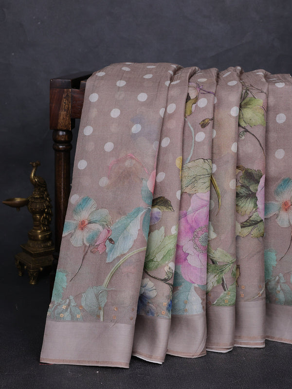 Grey Organza Printed Silk Saree