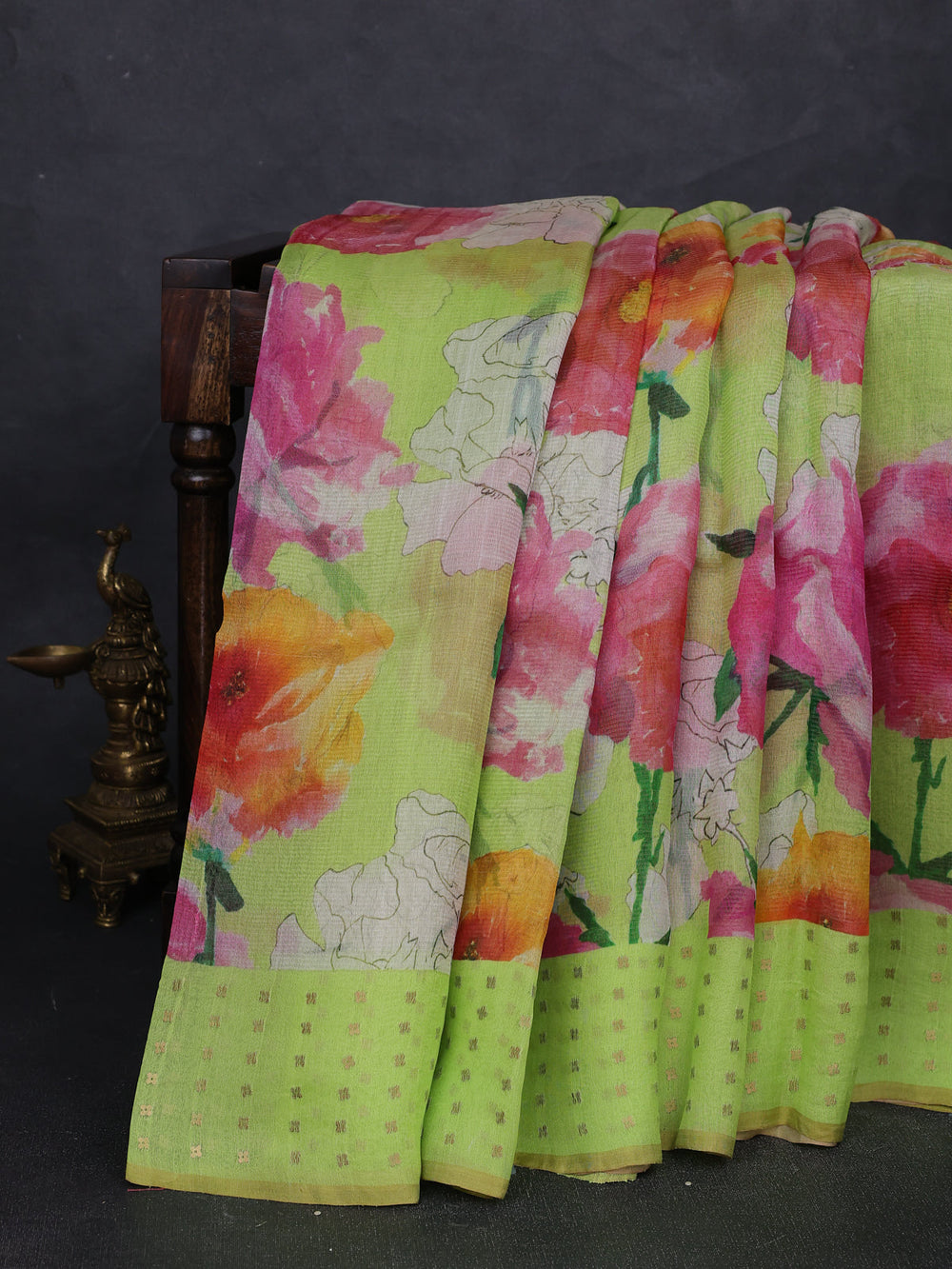 Fluorescent Green Organza Printed Silk Saree