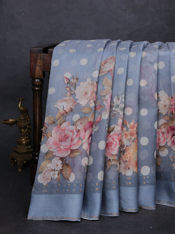 Grey Organza Printed Silk Saree