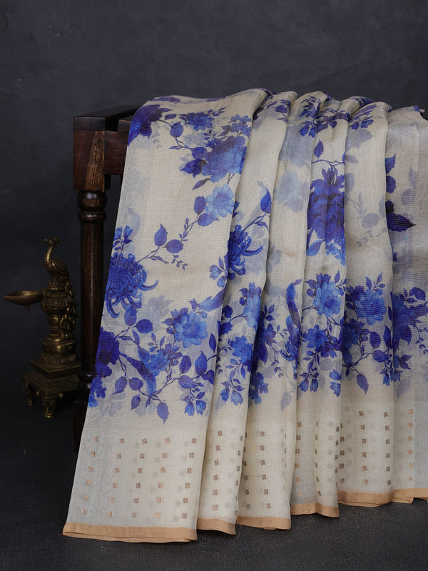 Cream Organza Printed Silk Saree