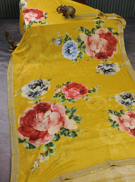 Yellow Satin Embroidery Saree