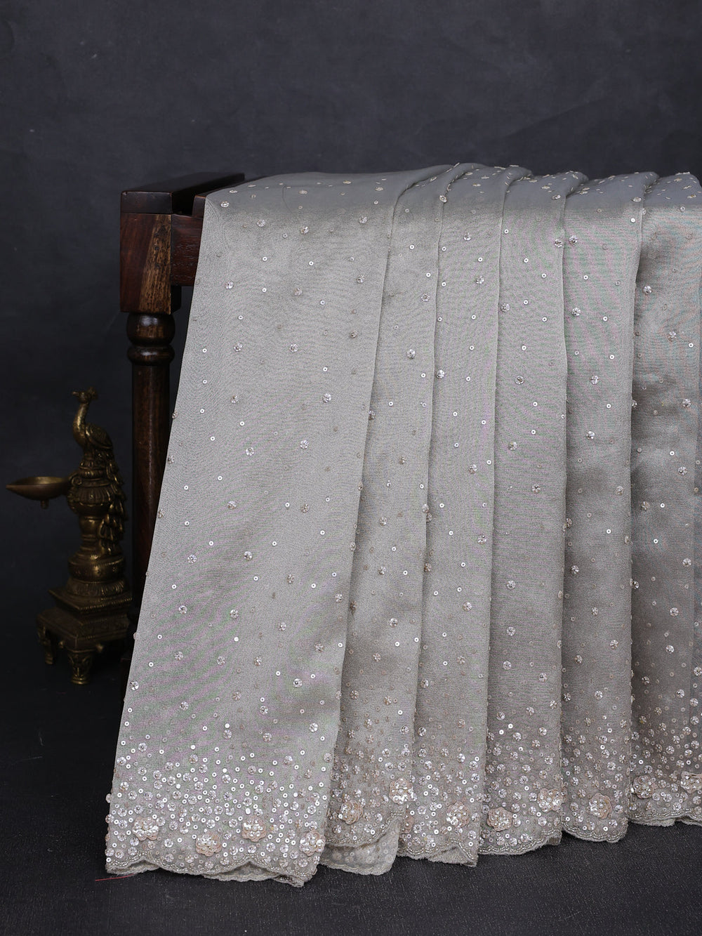 Grey Tissue Embroidery Silk Saree