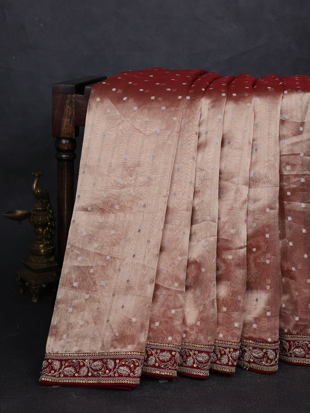 Golden Maroon Tissue Embroidery Silk Saree