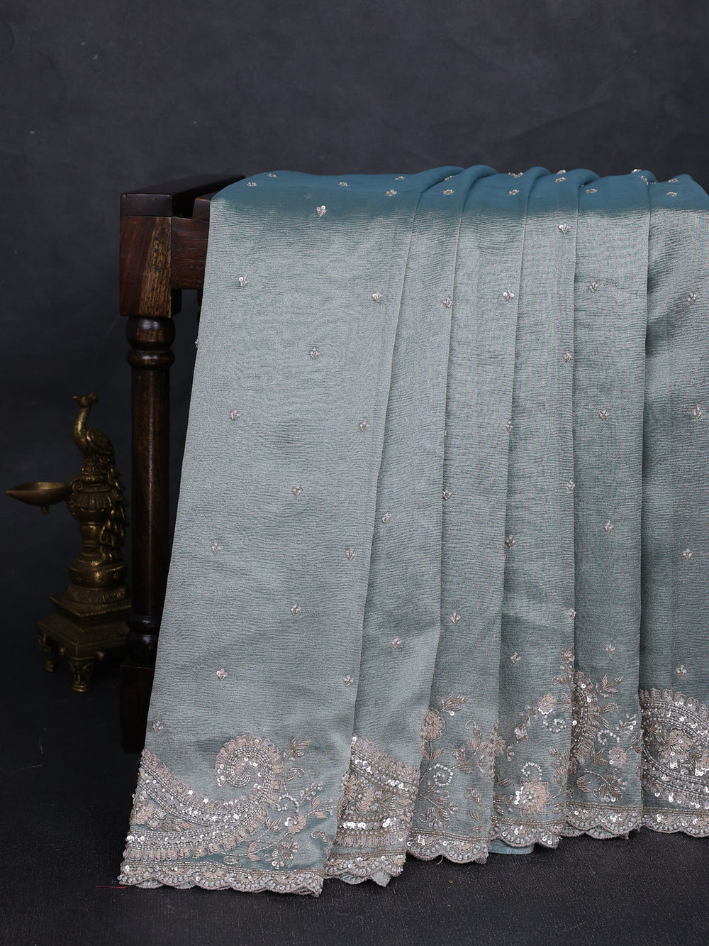 Mint Blue Tissue Sequin Embroidery Silk Saree
