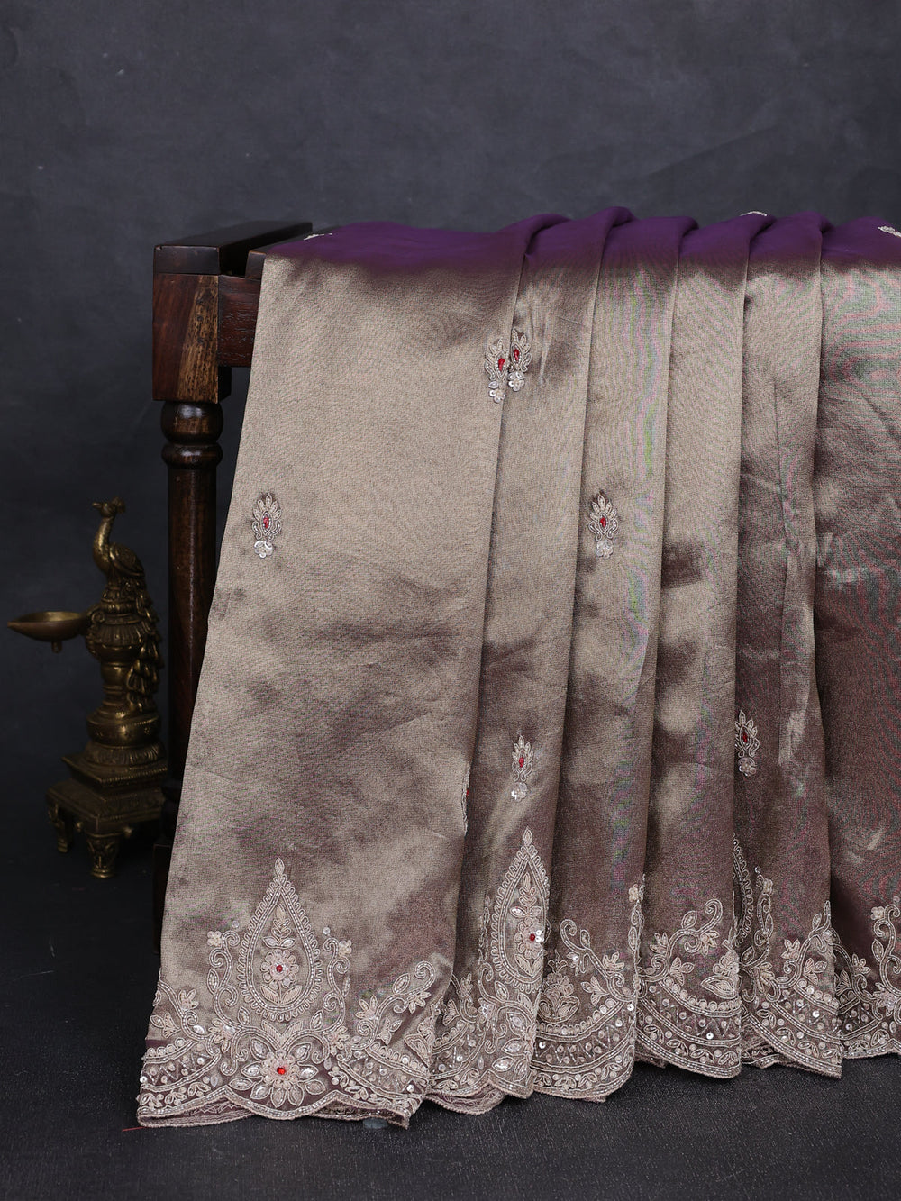 Purple Tissue Sequin Embroidery Silk Saree