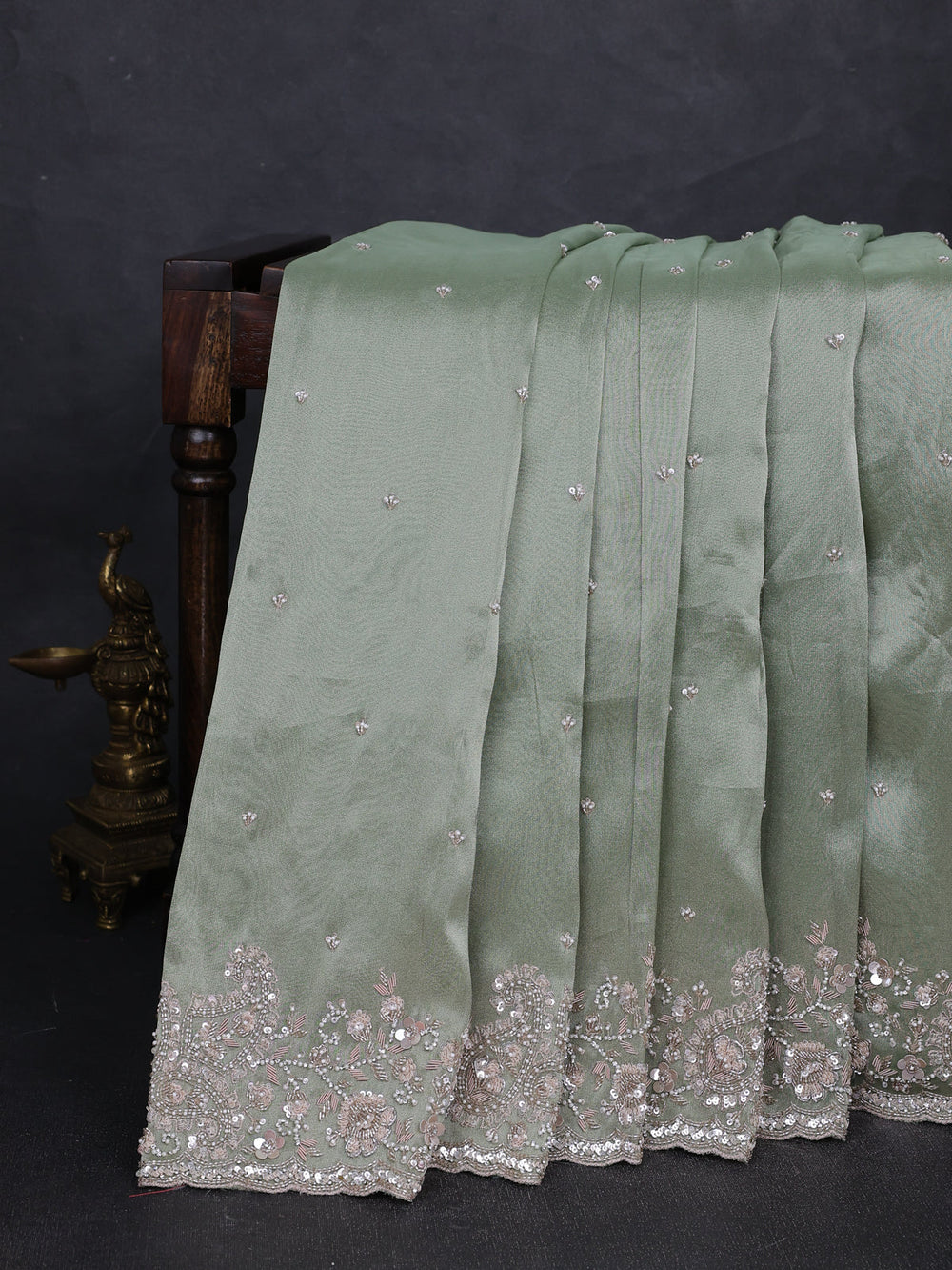 Pista Green Tissue Sequin Embroidery Silk Saree