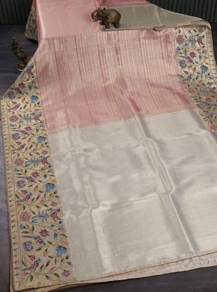 Peach - Gold Pure Kanchipuram Tissue Silk Embroidery Saree