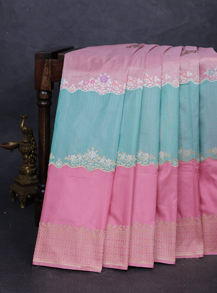 Pastel Pink - Teal Banarasi Silk Saree