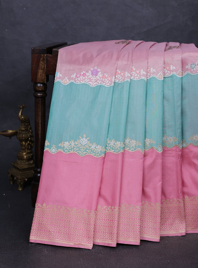 Pastel Pink - Teal Banarasi Silk Saree