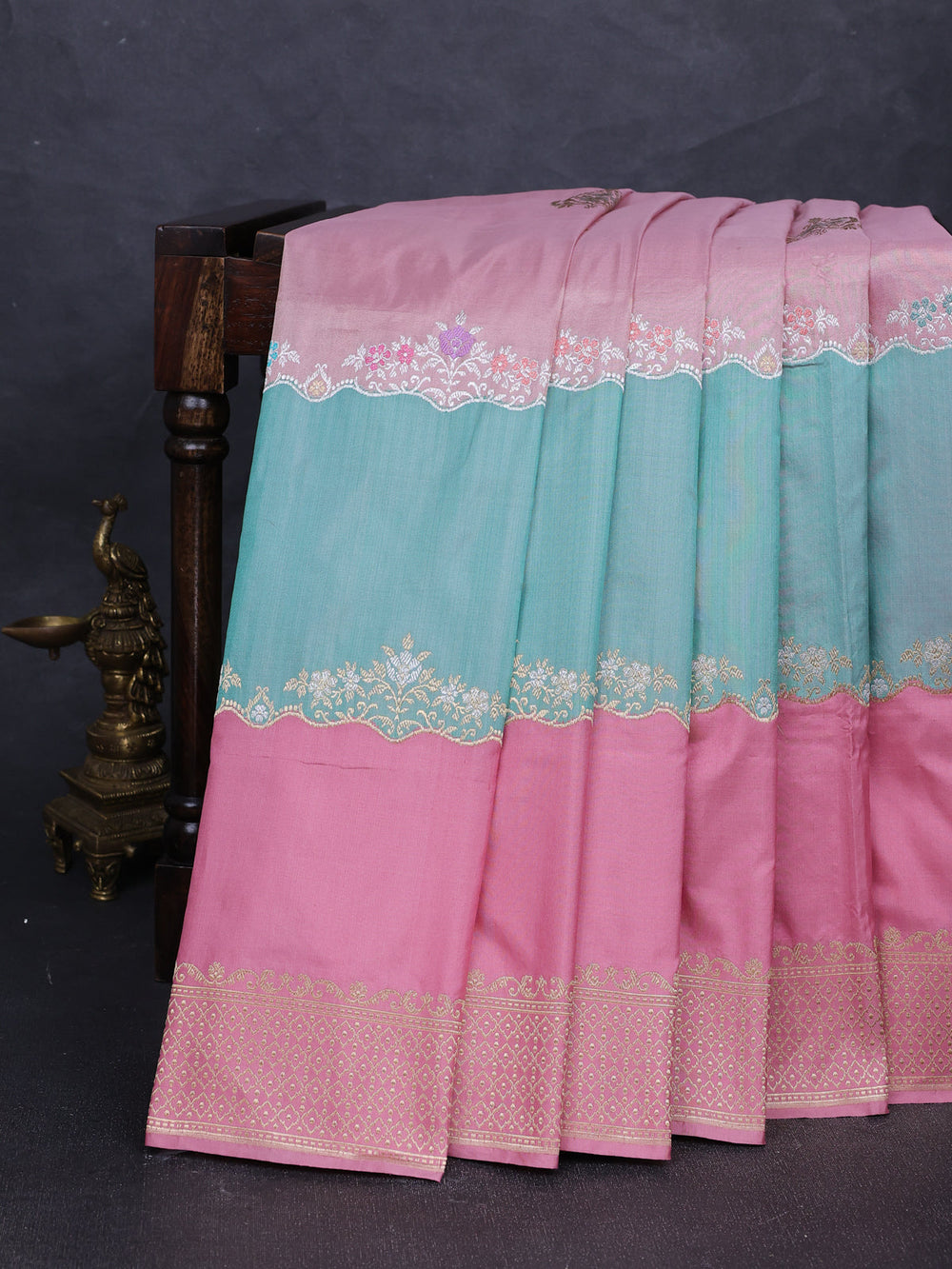 Pastel Pink - Teal Banarasi Silk Saree