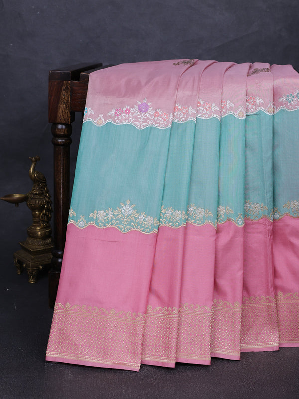 Pastel Pink - Teal Banarasi Silk Saree