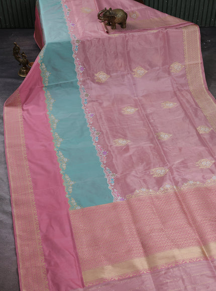 Pastel Pink - Teal Banarasi Silk Saree