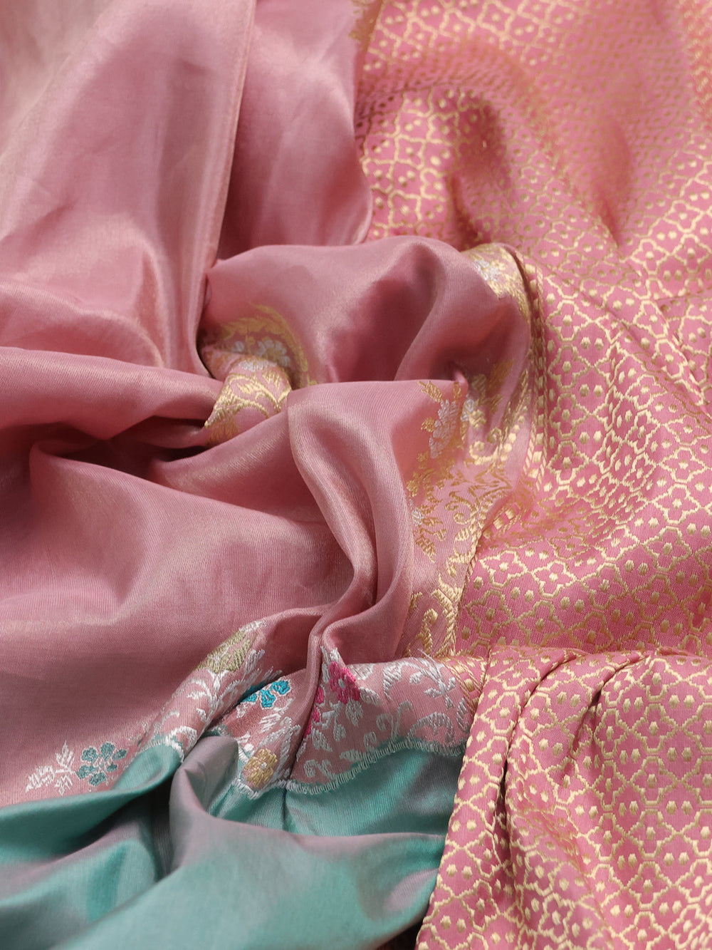 Pastel Pink - Teal Banarasi Silk Saree