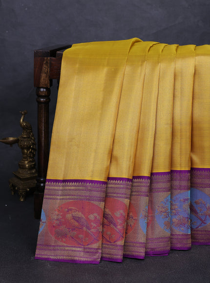 Mustard - Purple Pure Kanchipuram Tissue Silk Saree