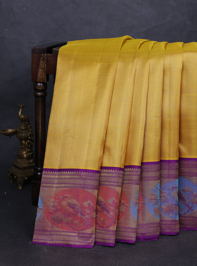 Mustard - Purple Pure Kanchipuram Tissue Silk Saree