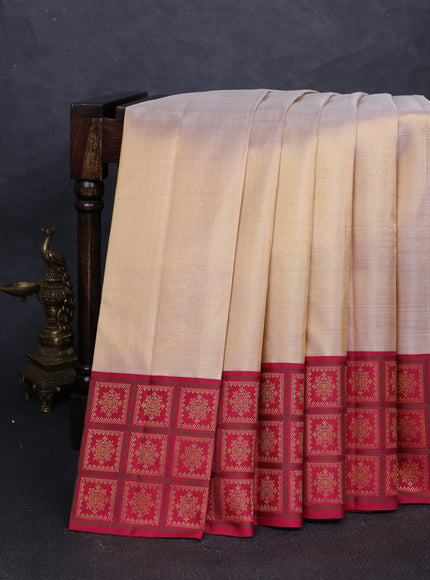 Beige - Dark Pink Pure Kanchipuram Tissue Silk Saree
