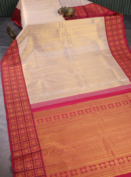 Beige - Dark Pink Pure Kanchipuram Tissue Silk Saree