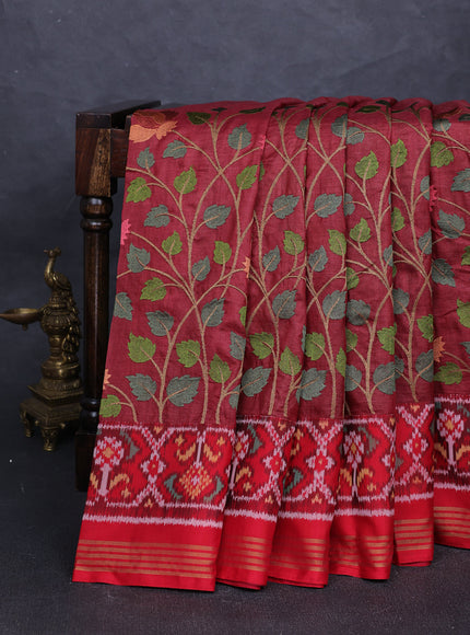 Maroon - Red Tussar Embroidery Saree Patola Border & Pallu