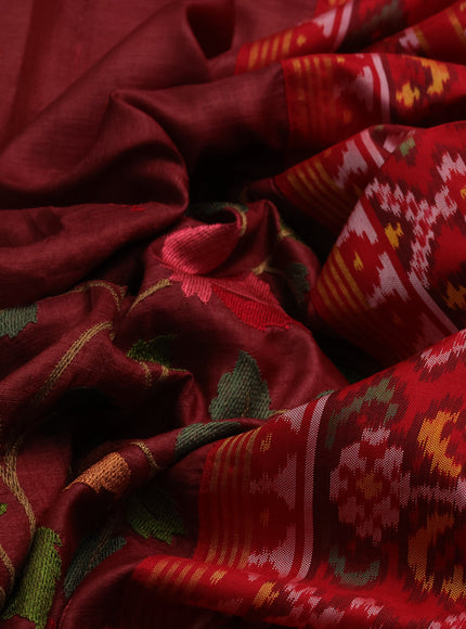 Maroon - Red Tussar Embroidery Saree Patola Border & Pallu