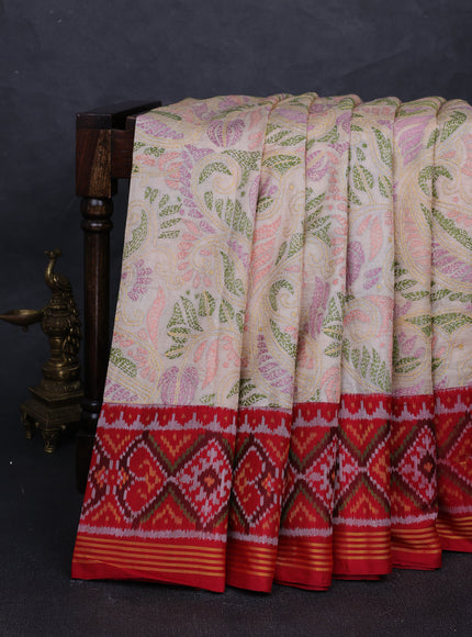 Beige - Maroon Tussar Kantha Embroidery Saree Patola Border & Pallu