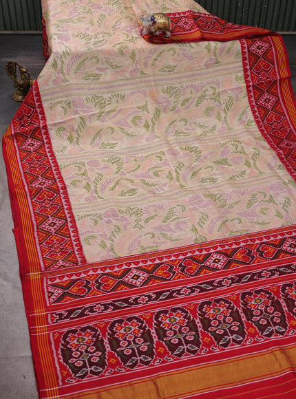 Beige - Maroon Tussar Kantha Embroidery Saree Patola Border & Pallu