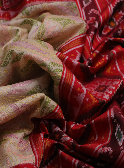 Beige - Maroon Tussar Kantha Embroidery Saree Patola Border & Pallu