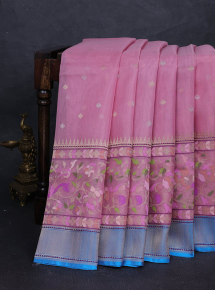 Pink-Turquoise Blue Banarasi Jamdhani Kora Silk Saree