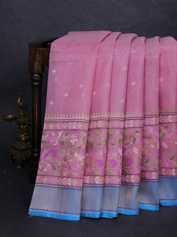 Pink-Turquoise Blue Banarasi Jamdhani Kora Silk Saree