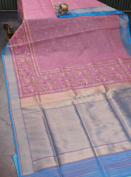 Pink-Turquoise Blue Banarasi Jamdhani Kora Silk Saree
