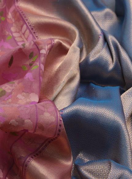 Pink-Turquoise Blue Banarasi Jamdhani Kora Silk Saree