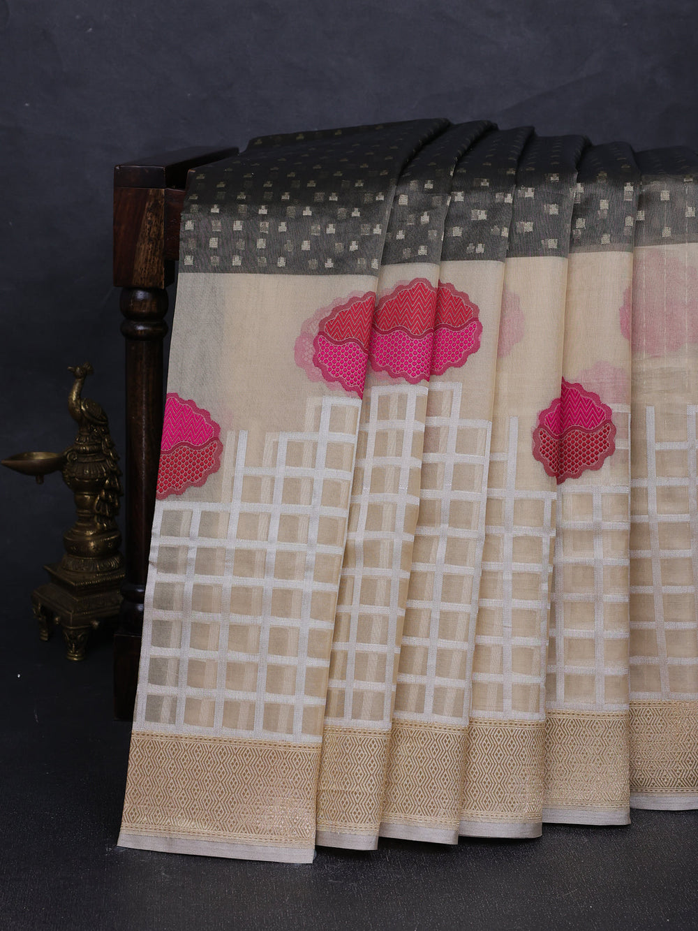 Grey - Beige Banarasi Kora Silk Saree