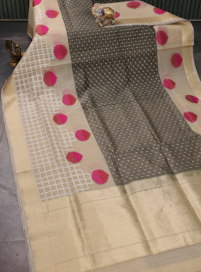 Grey - Beige Banarasi Kora Silk Saree