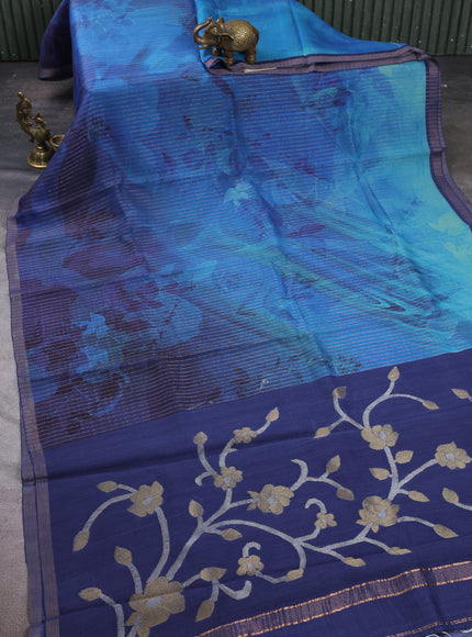 Blue- Dark Blue Tussar Printed Silk Saree