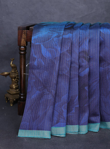 Teal Green - Dark Blue Tussar Printed Silk Saree
