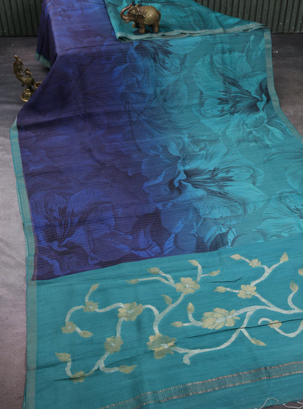 Teal Green - Dark Blue Tussar Printed Silk Saree