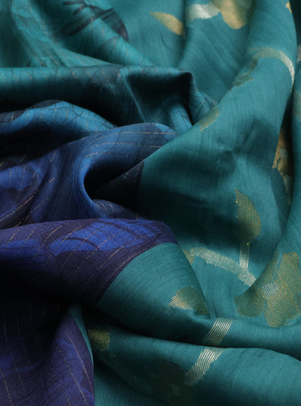 Teal Green - Dark Blue Tussar Printed Silk Saree