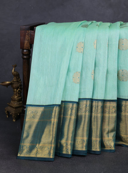 Teal Blue - Peacock Green Pure Kanchipuram Silk Saree