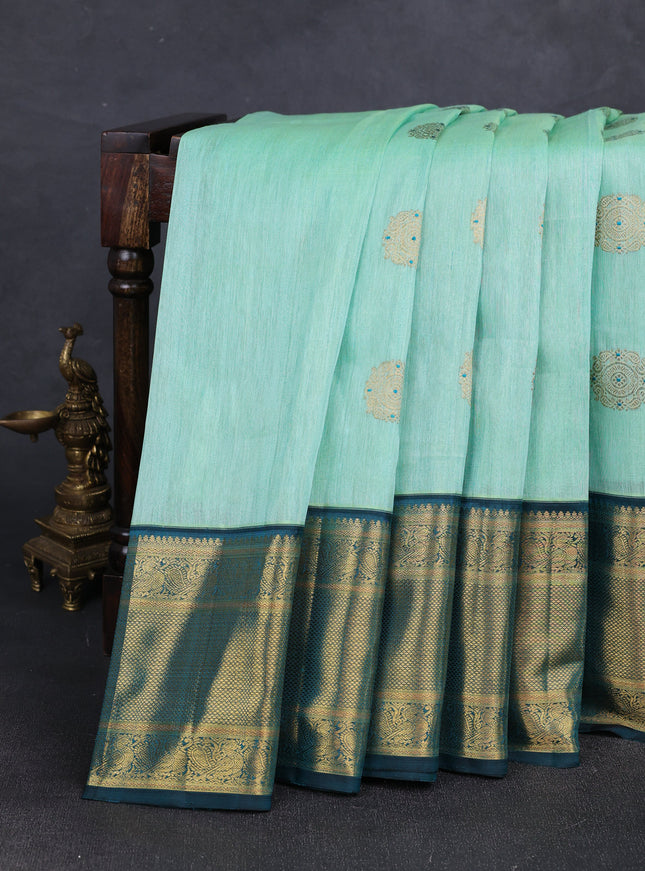 Teal Blue - Peacock Green Pure Kanchipuram Silk Saree