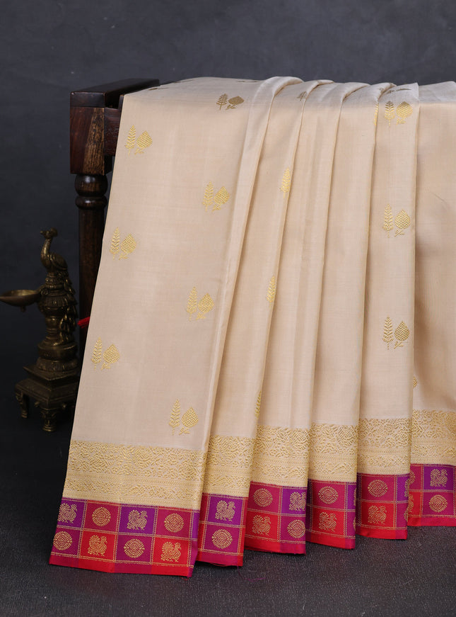 Cream - Red Pure Kanchipuram Silk Saree