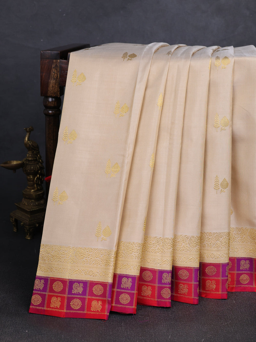 Cream - Red Pure Kanchipuram Silk Saree