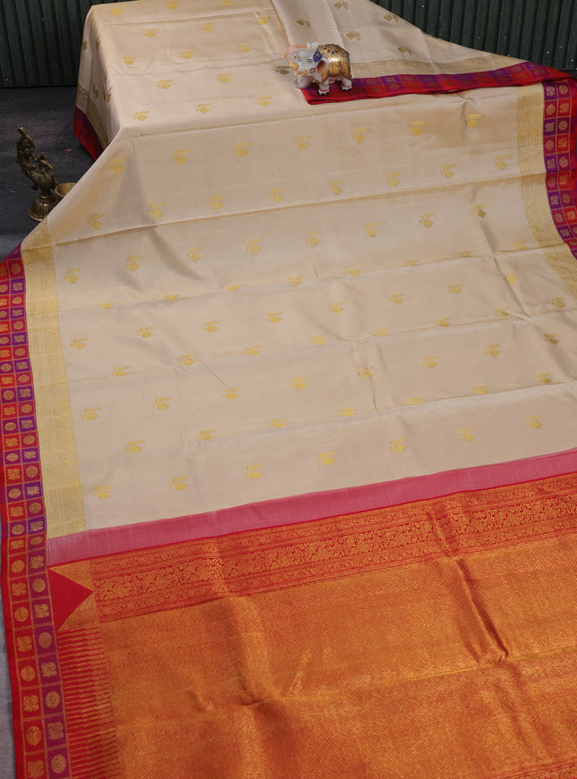 Cream - Red Pure Kanchipuram Silk Saree