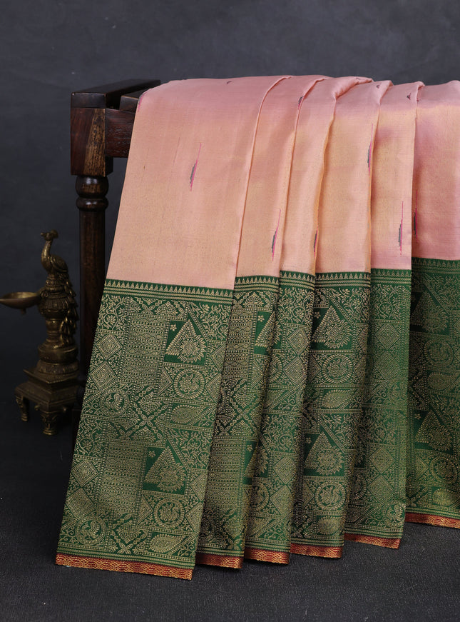 Peach - Bottle Green Pure Kanchipuram Silk Saree
