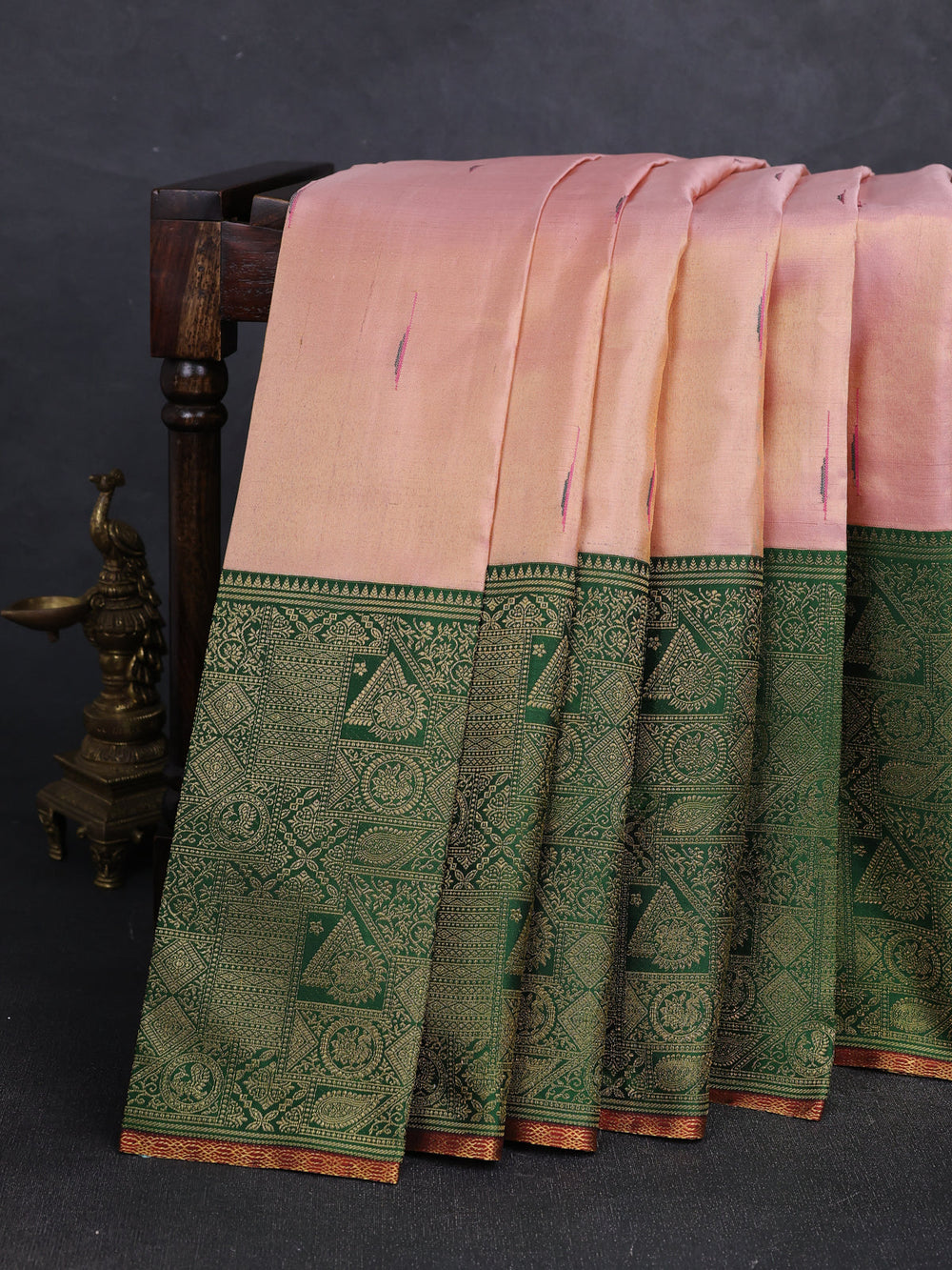 Peach - Bottle Green Pure Kanchipuram Silk Saree
