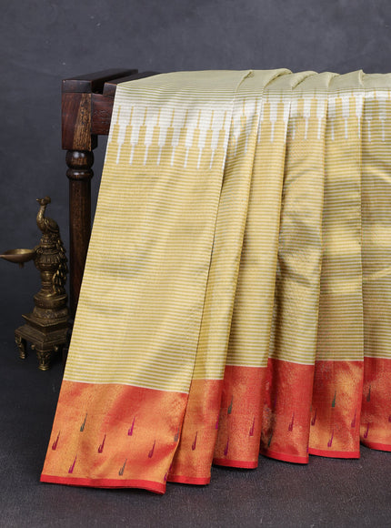 Lime Green - Red Pure Kanchipuram Tissue Silk Saree