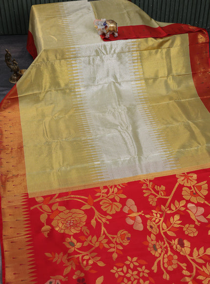 Lime Green - Red Pure Kanchipuram Tissue Silk Saree