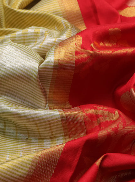 Lime Green - Red Pure Kanchipuram Tissue Silk Saree