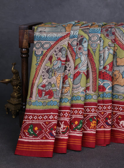 Green - Maroon Patan Patola Pen Kalamkari Printed Silk Saree