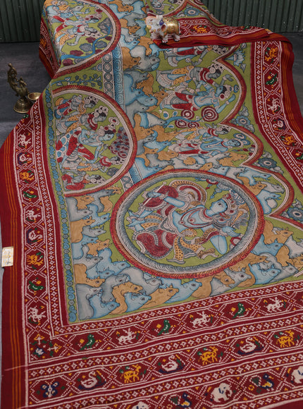 Green - Maroon Patan Patola Pen Kalamkari Printed Silk Saree