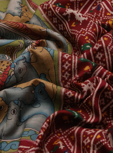 Green - Maroon Patan Patola Pen Kalamkari Printed Silk Saree