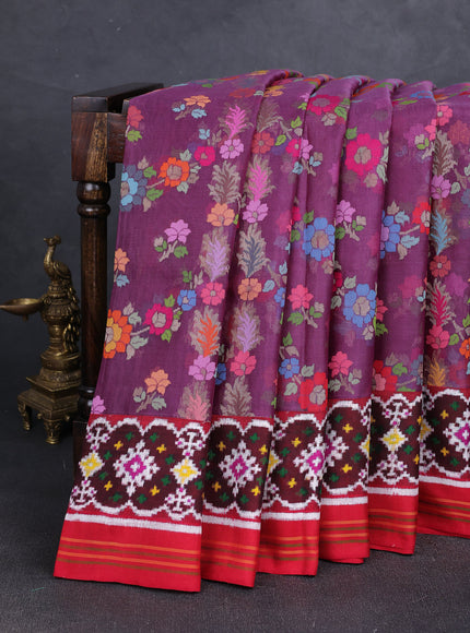 Mauve - Red Jamdhani Kora Silk Saree With Patola Border & Pallu
